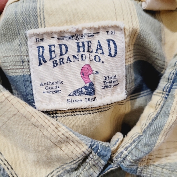 Red Head Shirt Mens Size Medium Short Sleeve Button Up yellow Plaid 100% Cotton - Picture 7 of 8